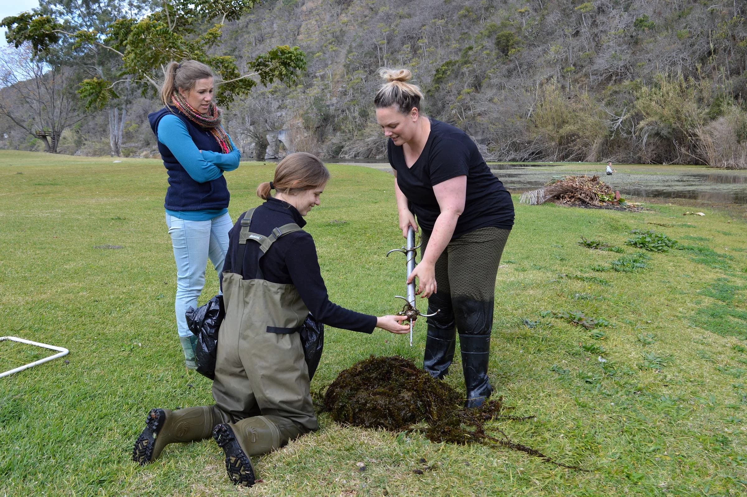 Field researchers in waders collecting samples beside a river