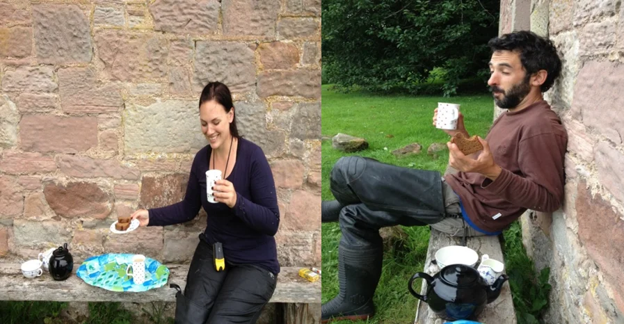 Tea and cake provided by kind cottage Lady on the River Tweed.