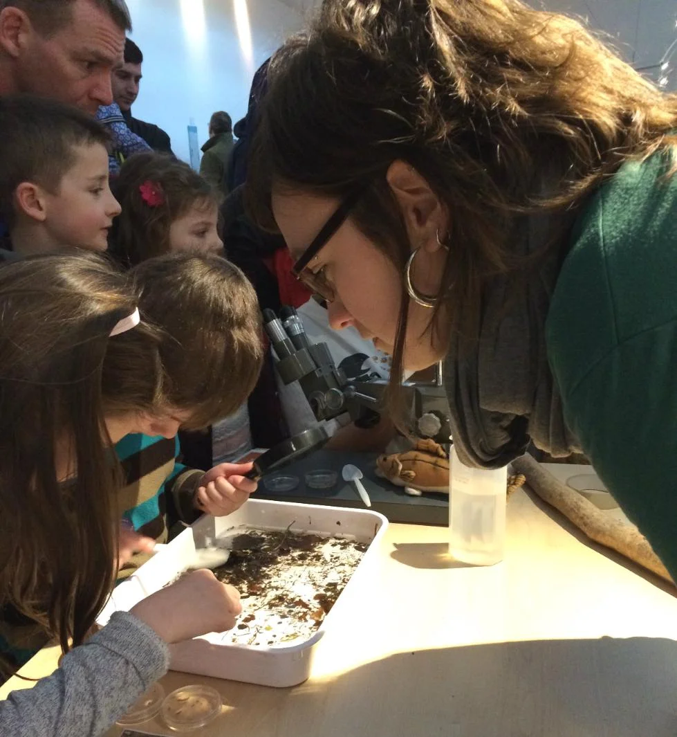 Children examining a tray of natural material with a researcher